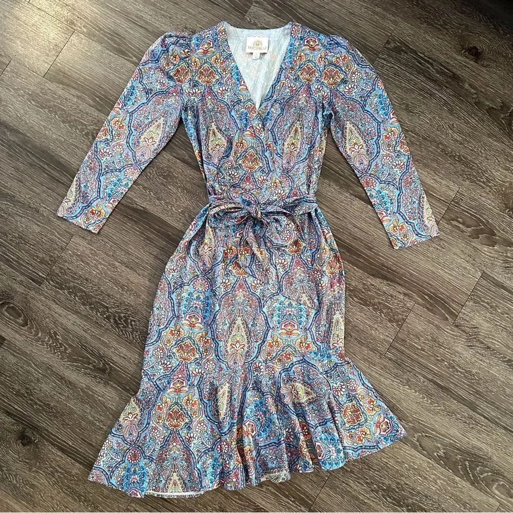 Nicoblu Marielle Midi Ruffle Dress In Kaleidoscope Paisley New